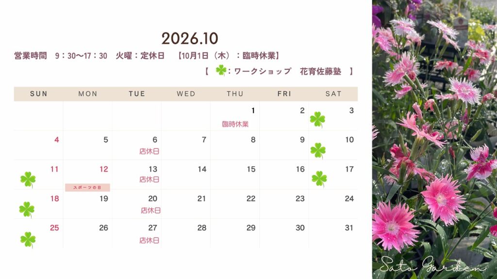 【Sato Garden】営業のお知らせ‐2026年10月‐